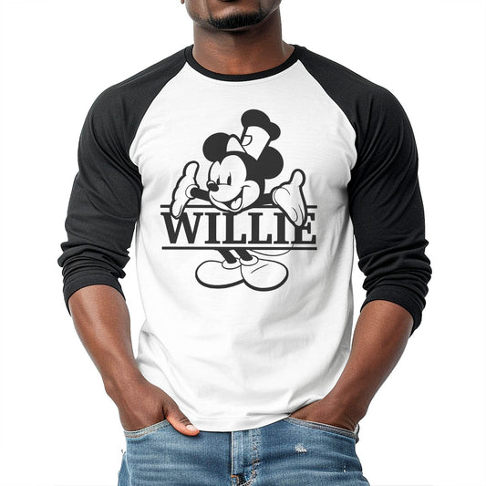 What's My Name? 3/4 Sleeve Raglan Shirt - Steamboat Willie World